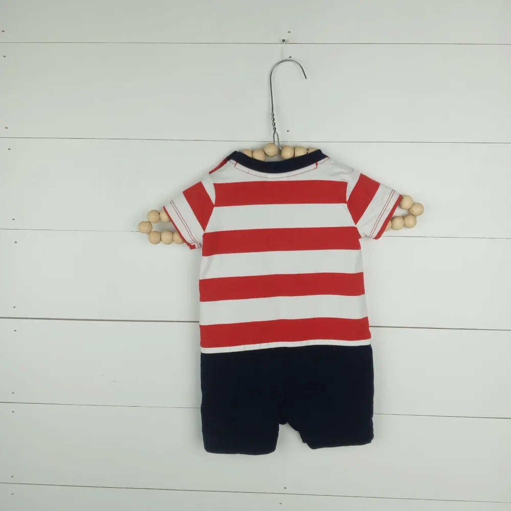 Gymboree boys size 3-6 mos red white blue striped romper navy bottom, stripes